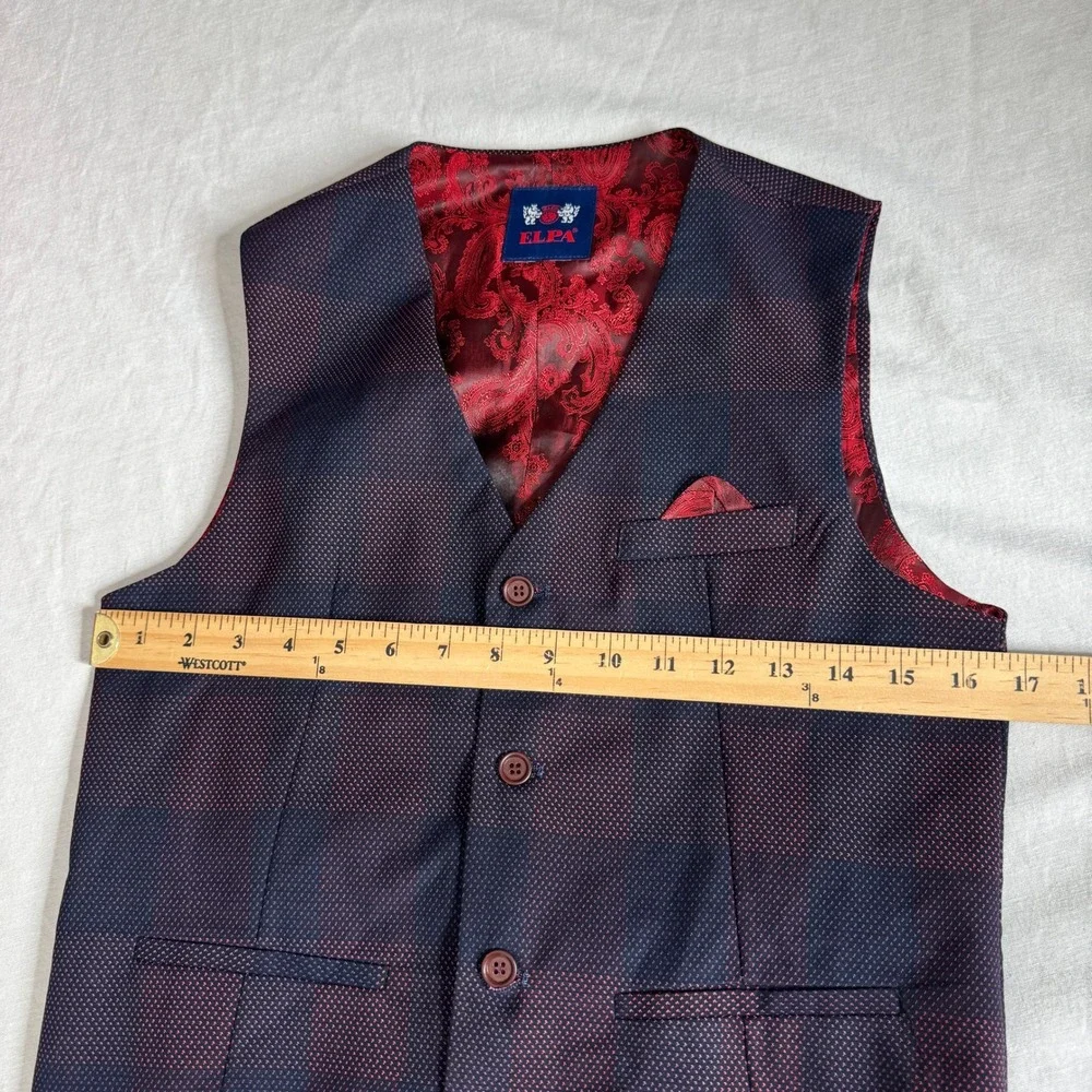 ELPA Boys‎ 2 Piece Formal Plaid Blazer and Vest Set Navy Burgundy Kids Size 18